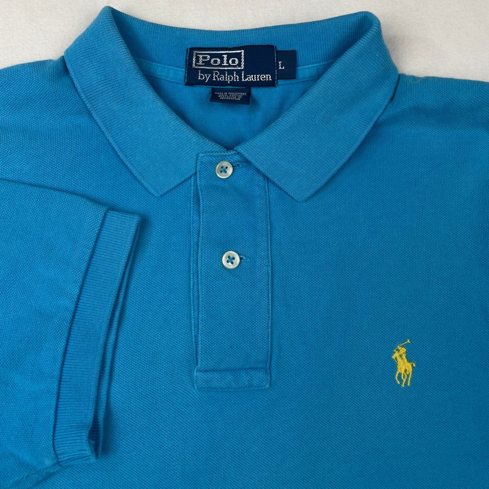 Polo Ralph Lauren Mens Large Blue Pique Short Sleeve Yellow Pony Polo Shirt